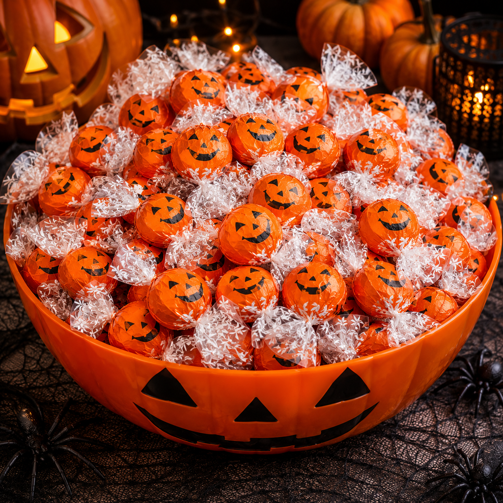 Orange pumpkin truffle candies wrapped in silver foil in a candy bowl