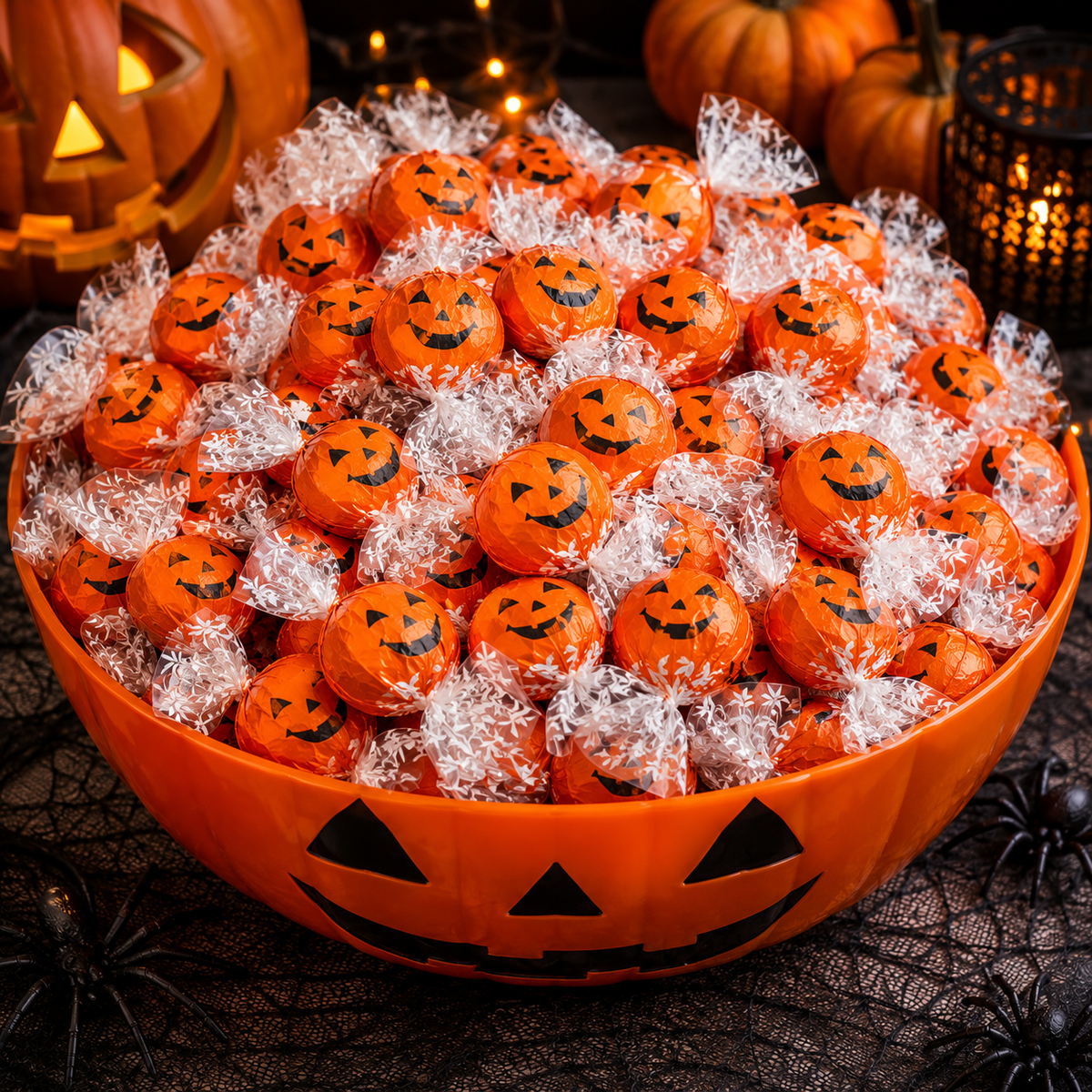 Orange pumpkin truffle candies wrapped in silver foil in a candy bowl
