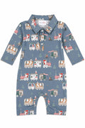 Blue long-sleeve polo one-piece with allover truck and toy character print