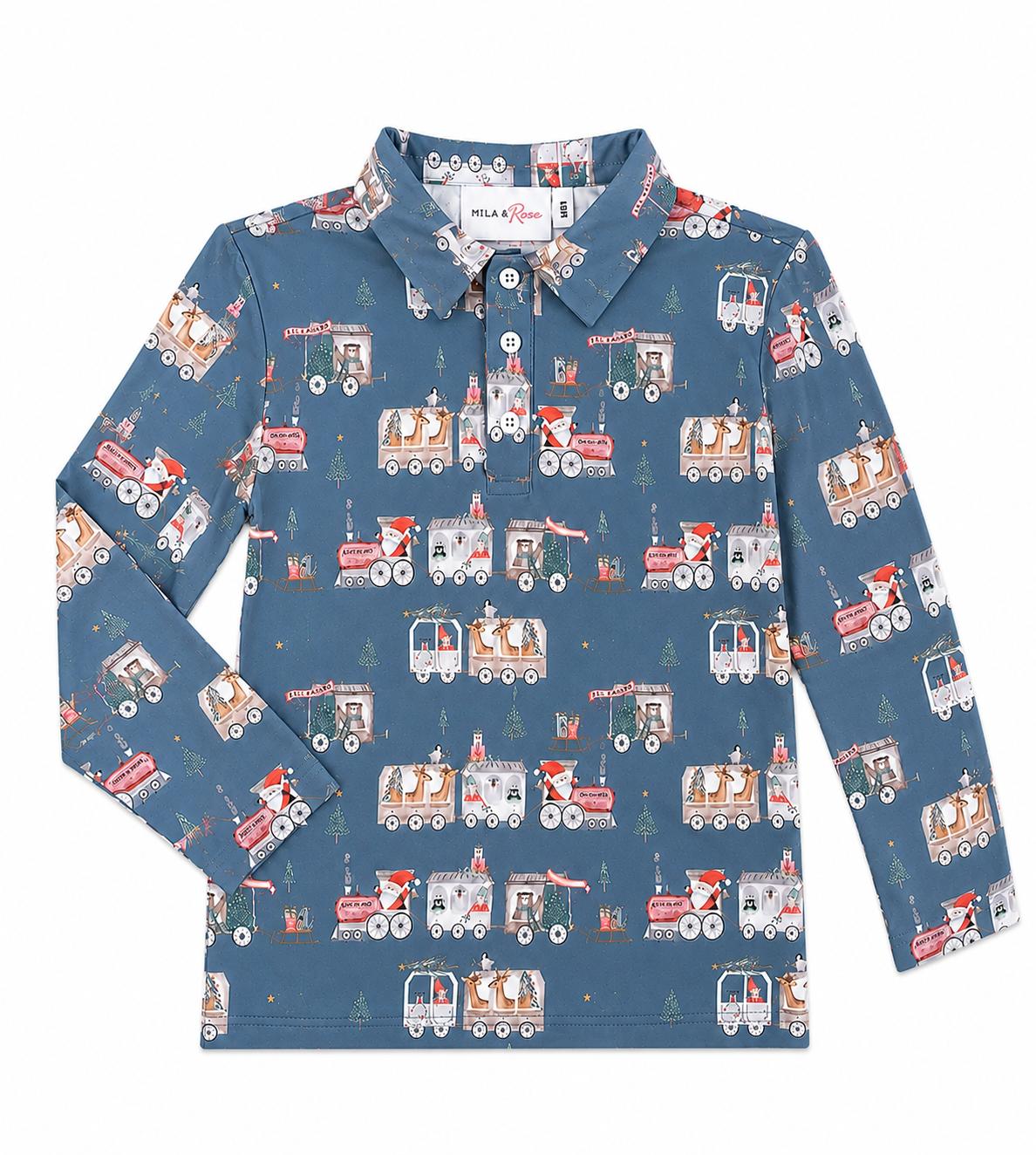 Boys' long-sleeve polo shirt in dark blue with train graphic print