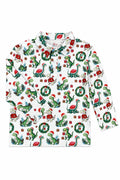 Santa-themed dinosaur long-sleeve polo shirt, white with red green novelty print