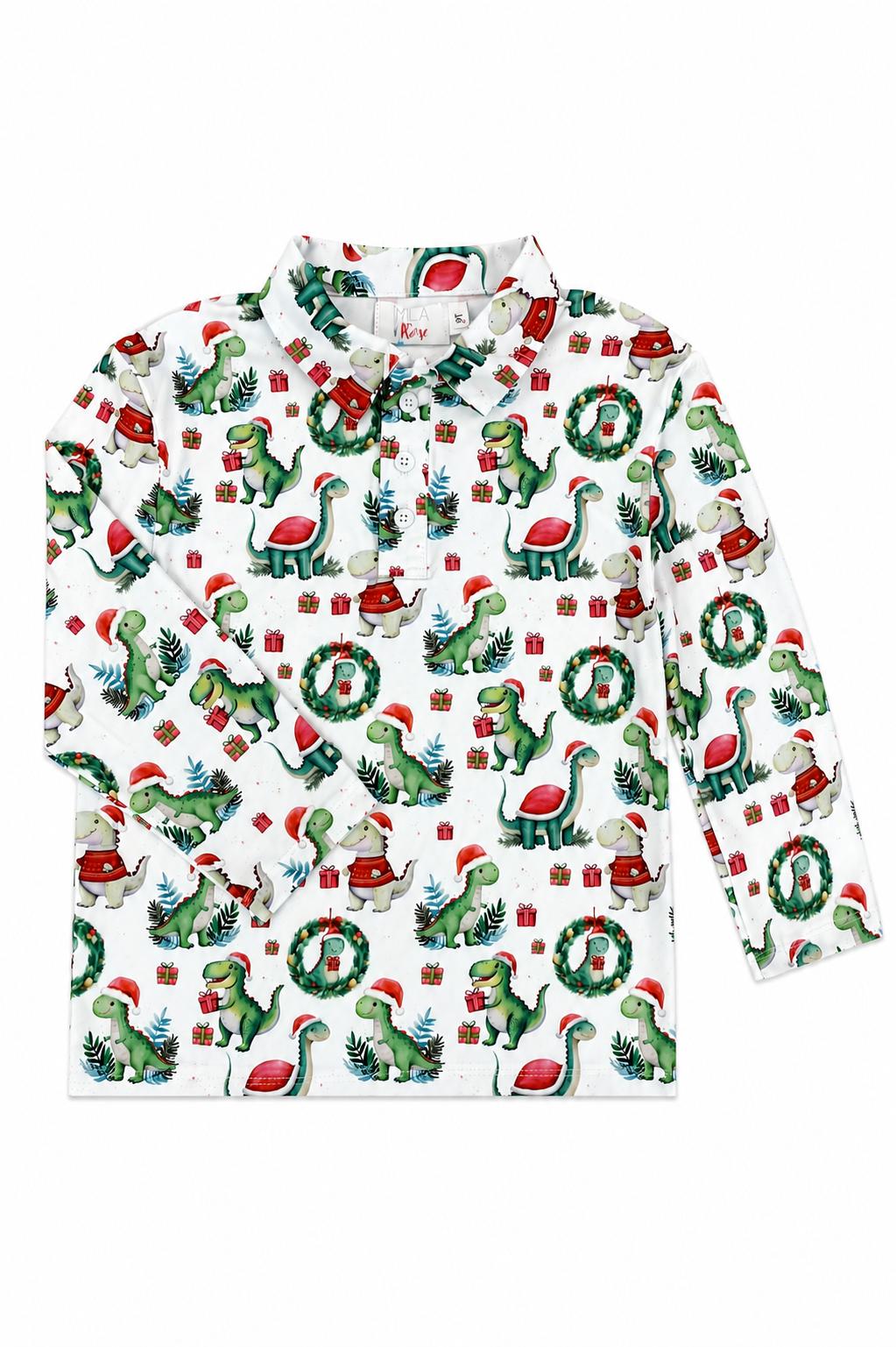 Santa-themed dinosaur long-sleeve polo shirt, white with red green novelty print