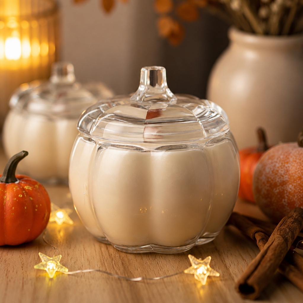 Glass candle jar with cream wax and clear round lid, lit flame visible