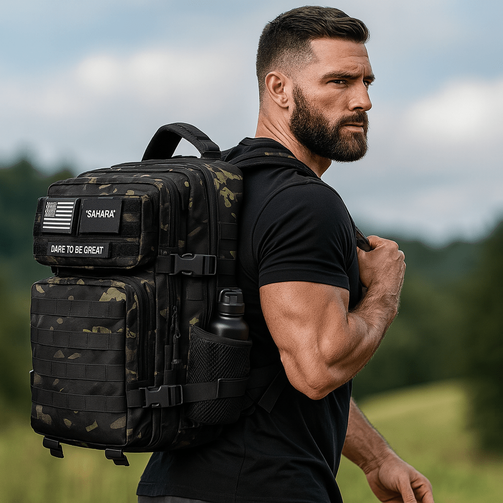 Black and green camouflage travel laptop backpack worn on back with side bottle pouch
