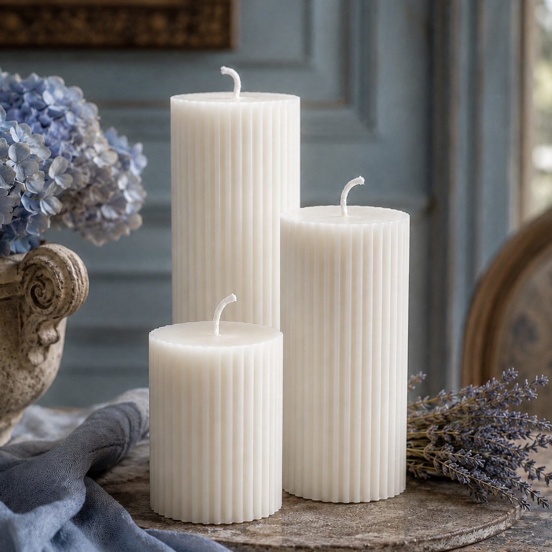 Three white striped pillar beeswax candles with wicks, unlit