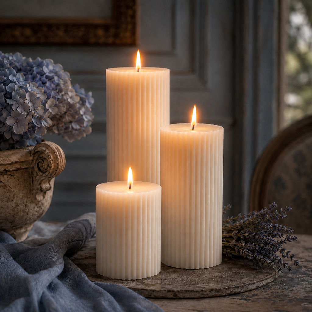 Three white striped pillar candles with wicks, flames lit