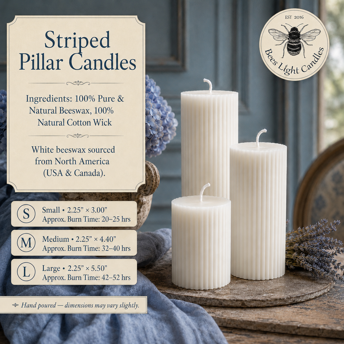 Three white striped pillar candles with wicks on a stone tray