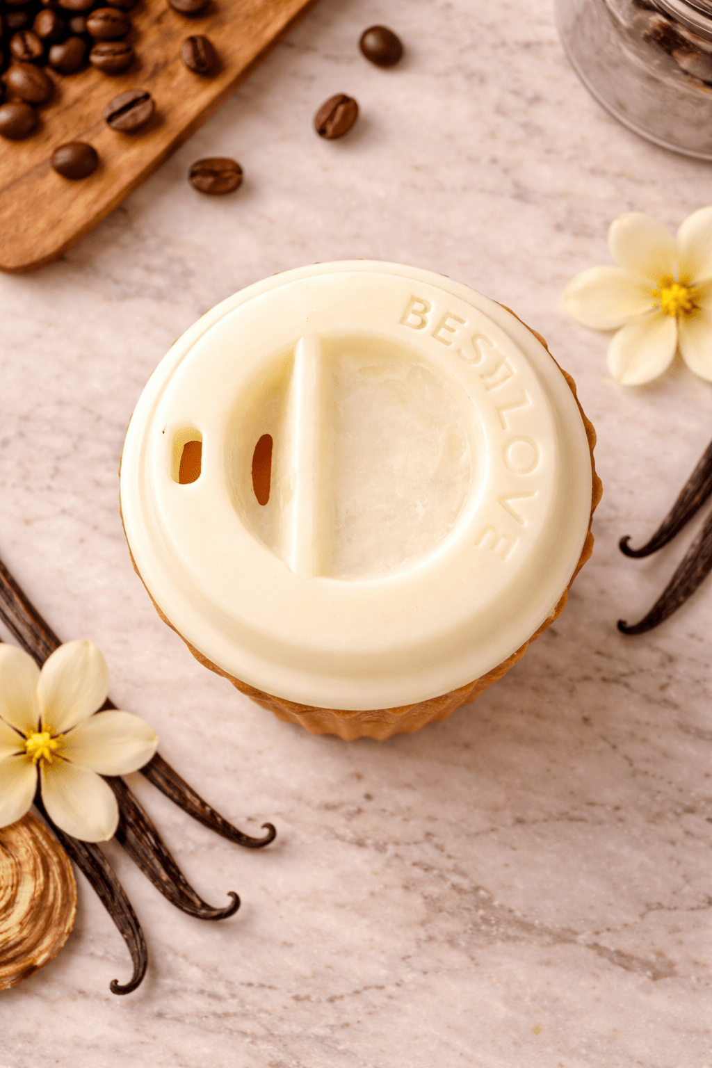 Single mini coffee cup wax melt with cream top and “BESTLOVE” label