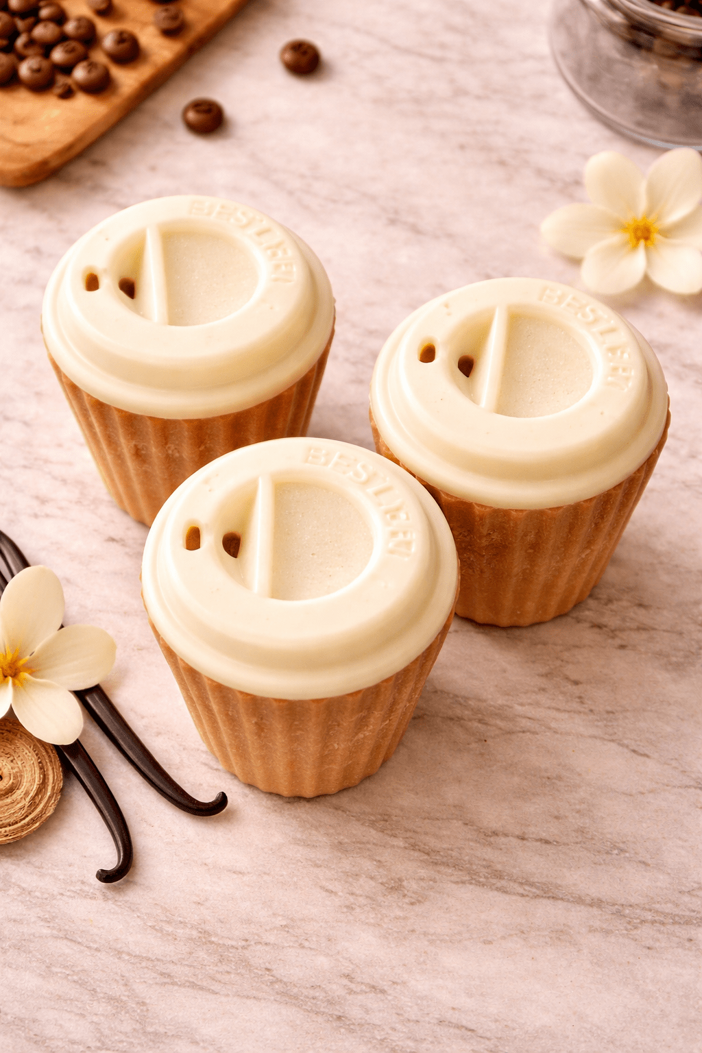 Three mini coffee cup wax melts with cream tops and tan cup bases