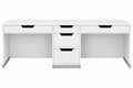 White two-person desk with five drawer fronts and open leg frame.