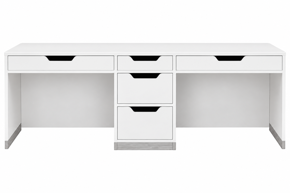 White two-person desk with five drawer fronts and open leg frame.
