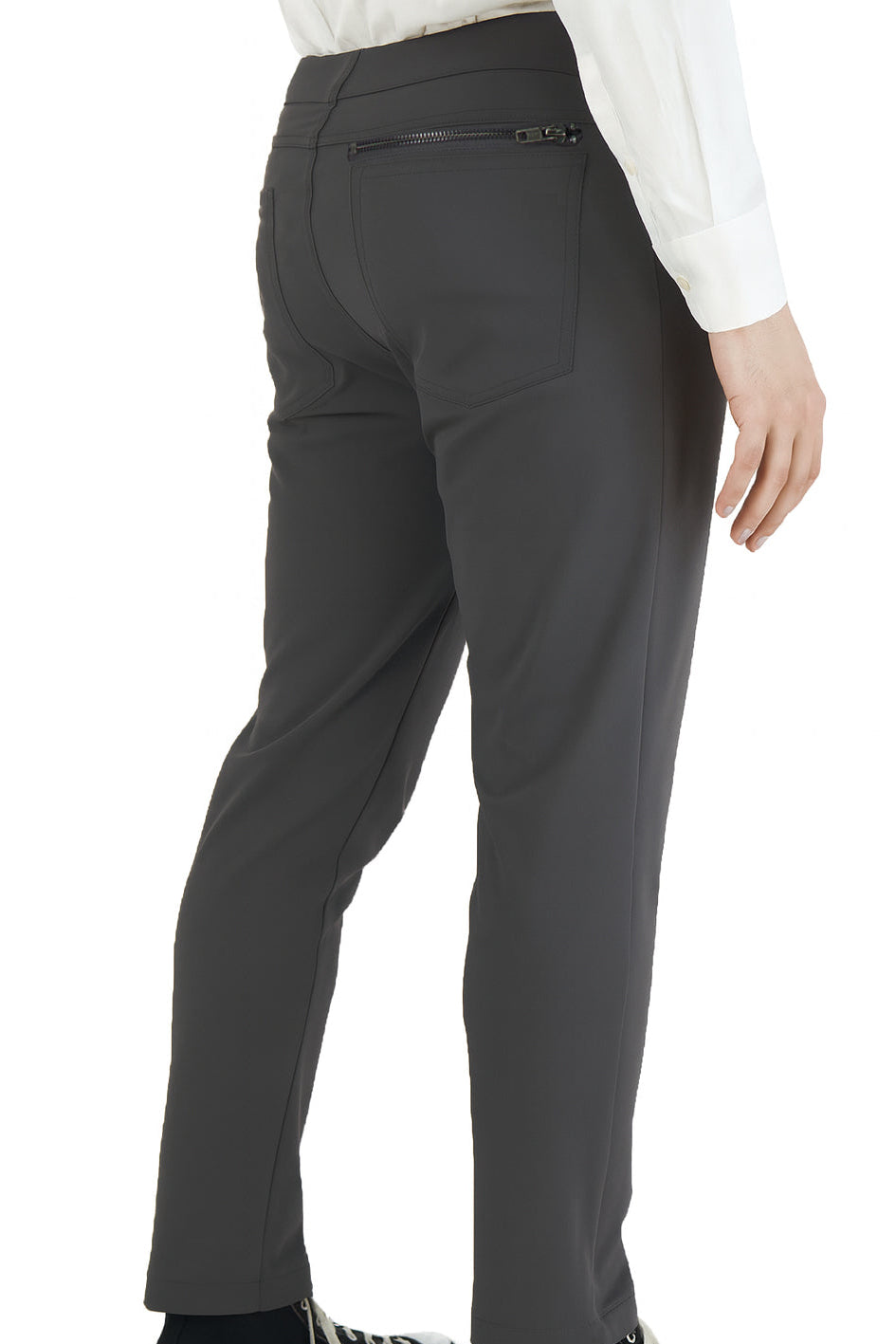 Men's dark charcoal slim-fit stretch chinos, side view with front slash pockets