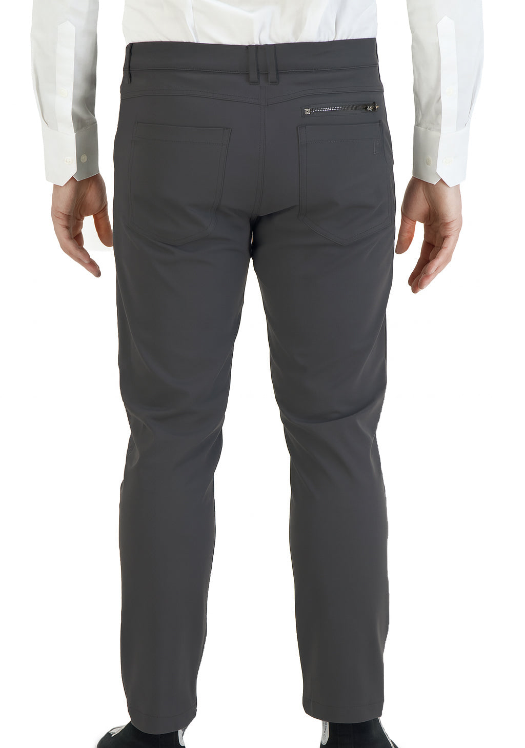 Men's dark charcoal stretch chinos, back view with belt loops and welt pocket