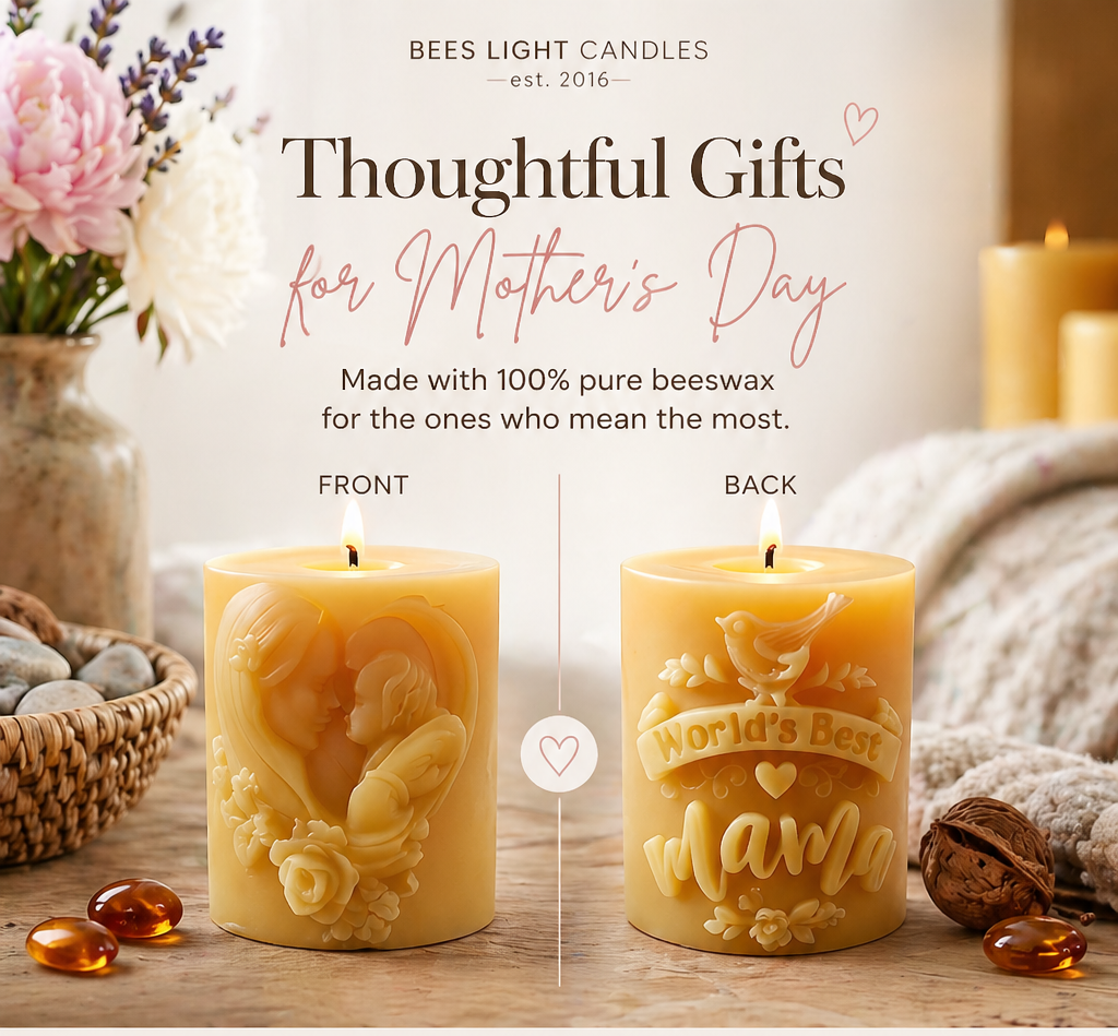 Two lit beeswax candles with embossed mother and floral relief, honey wax