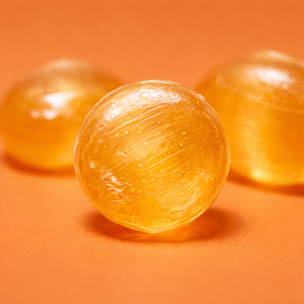 Orange translucent gummy candy with glossy surface