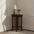 Mission spindle plant stand, dark stained wood, square top, slatted sides