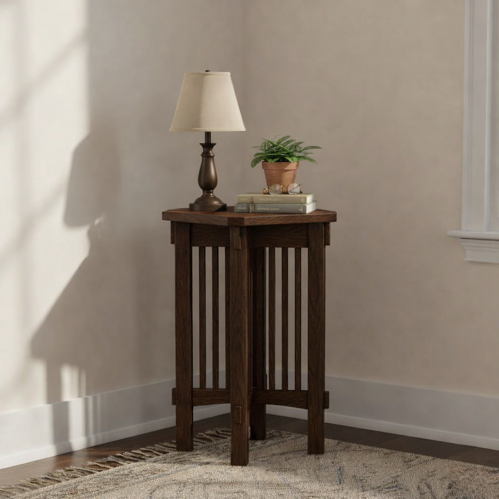 Mission spindle plant stand, dark stained wood, square top, slatted sides