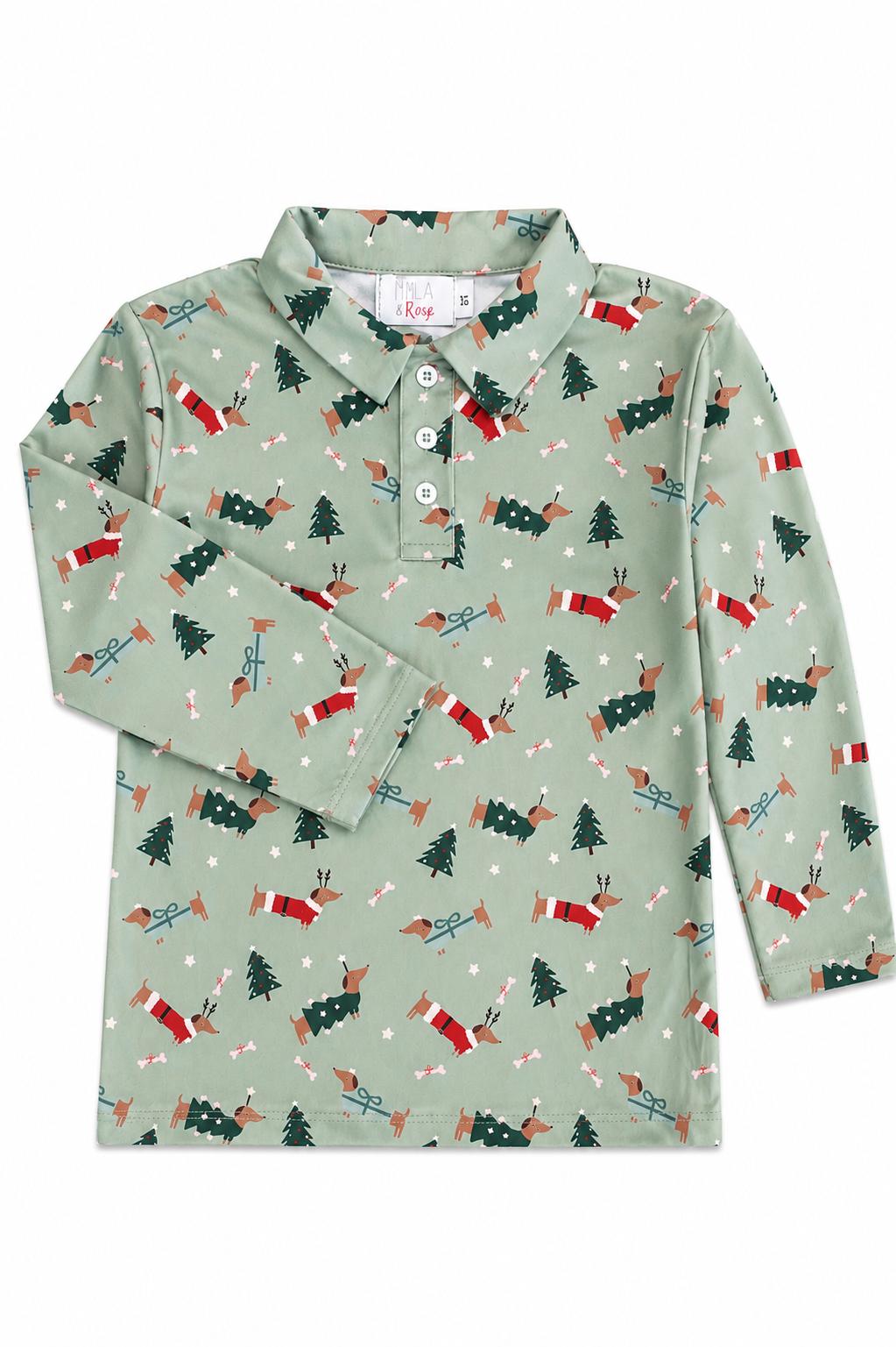Long-sleeve kids polo shirt with green dachshund winter print and buttoned collar