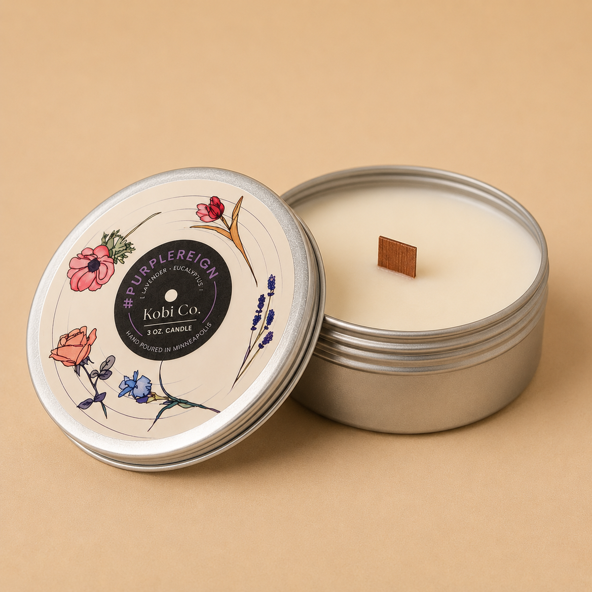 Travel tin candle with floral lid, cream wax and small wooden wick tab