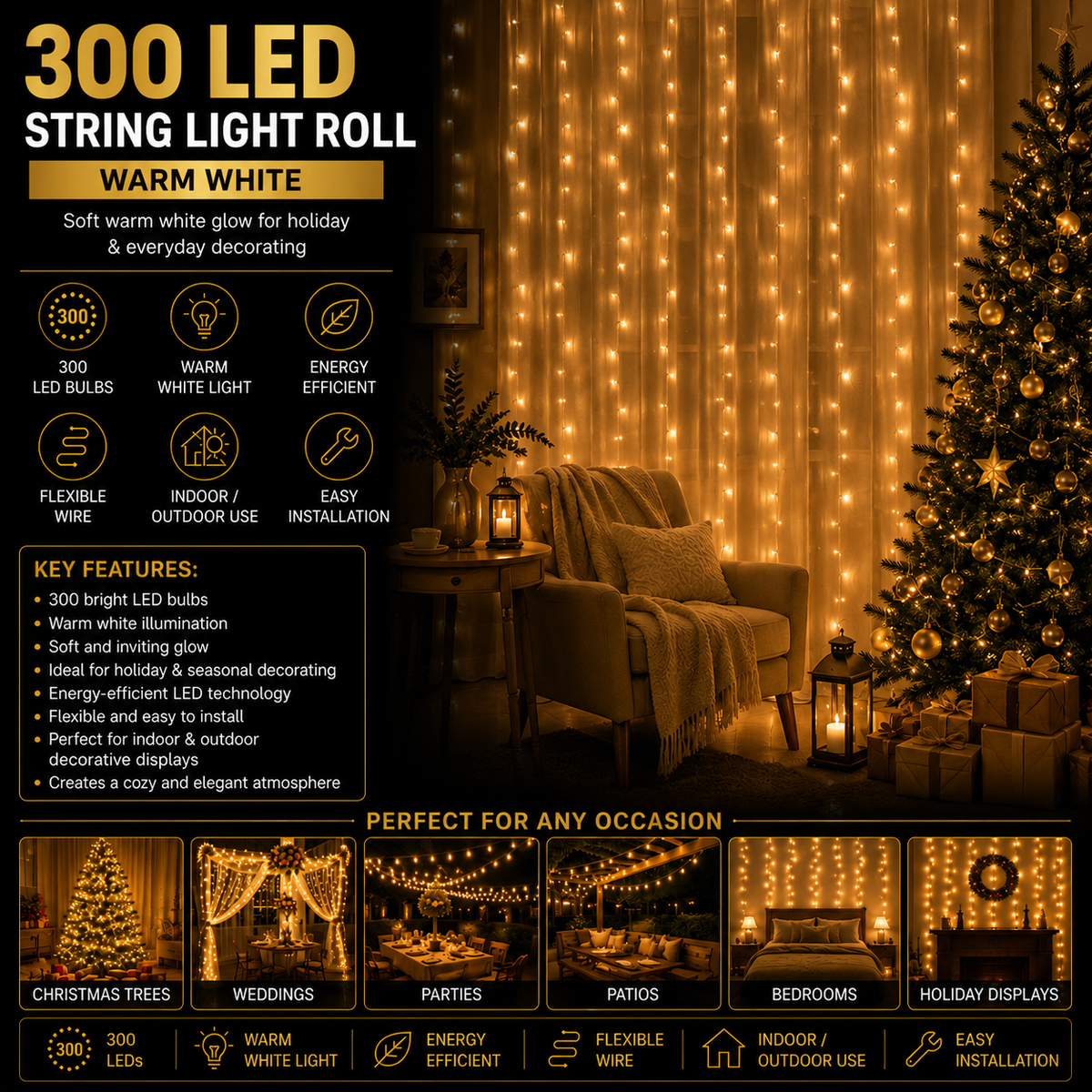 Warm white 300 LED string light roll with black cord for holiday and indoor decor