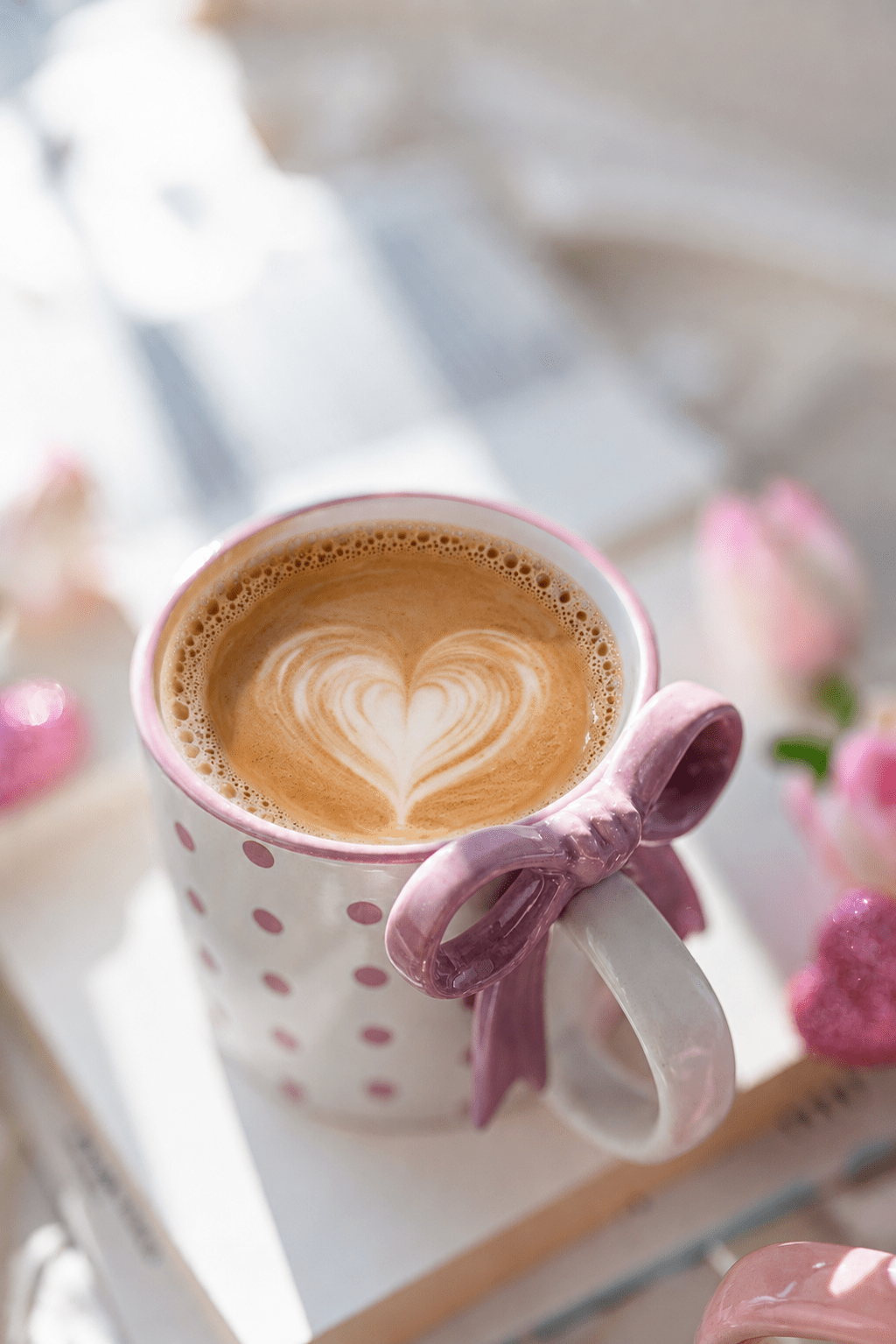 Pink and white ceramic mug with polka dots and bowknot handle, filled with coffee