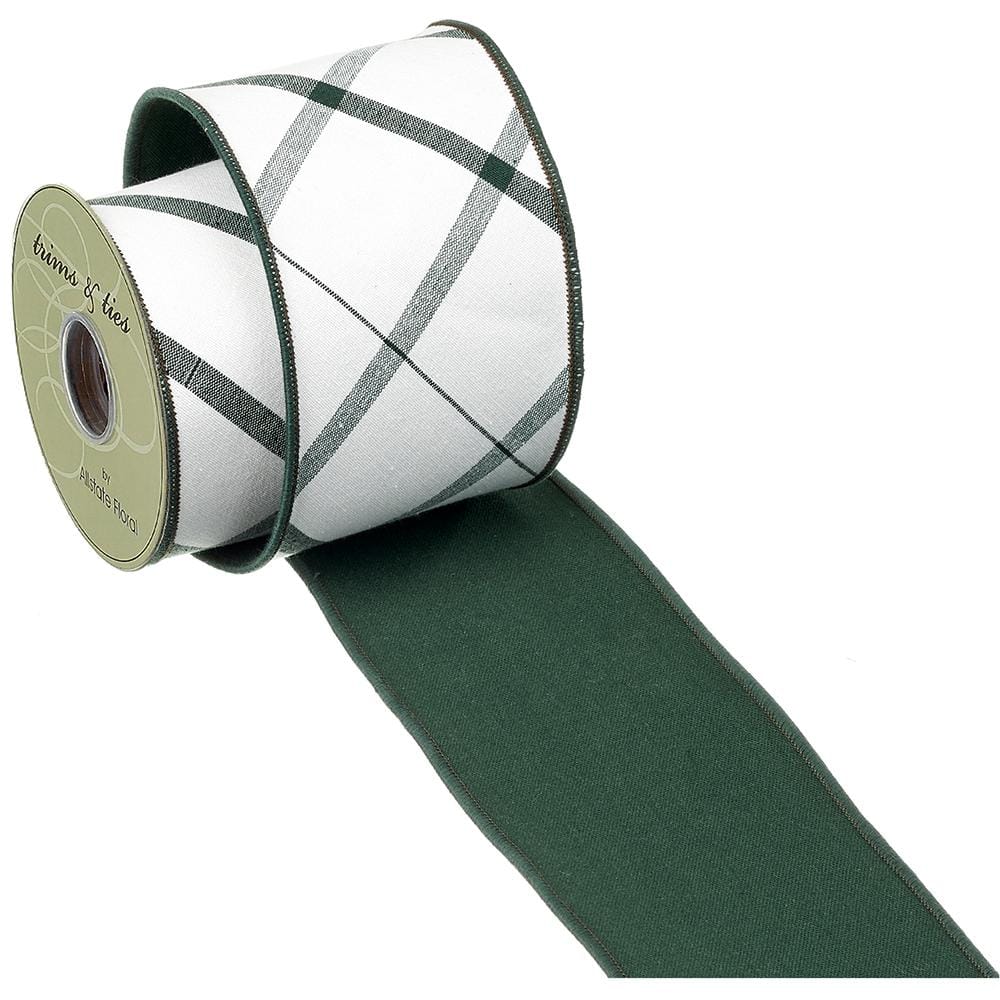 Checkered ribbon roll, 4 in wide, white with green and gray plaid