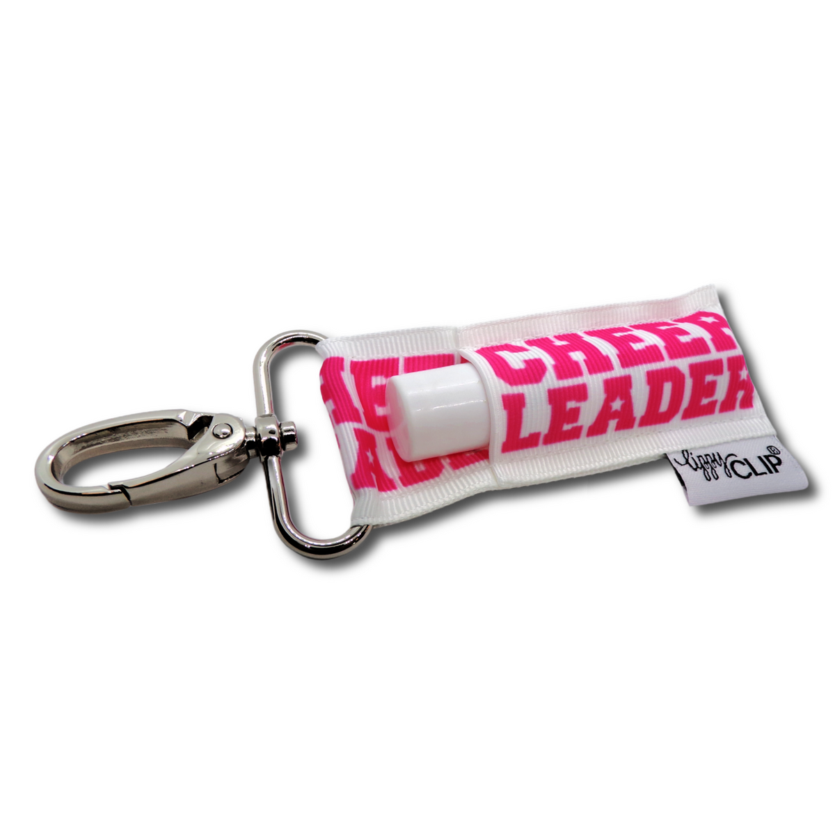Cheerleader LippyClip lip balm holder with carabiner clip and white-pink fabric strap