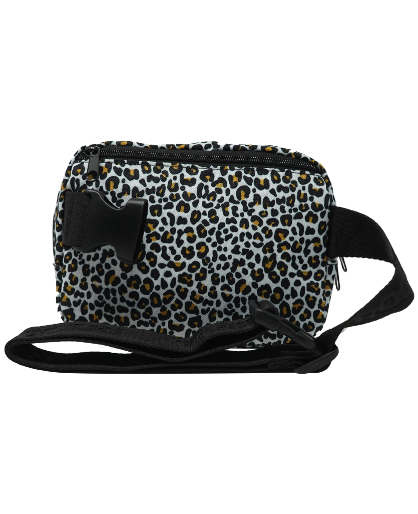 Mini fanny pack with cheetah print, side view, black adjustable strap, zipper