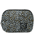 Mini fanny pack with cheetah print, front logo patch, zippered top and strap