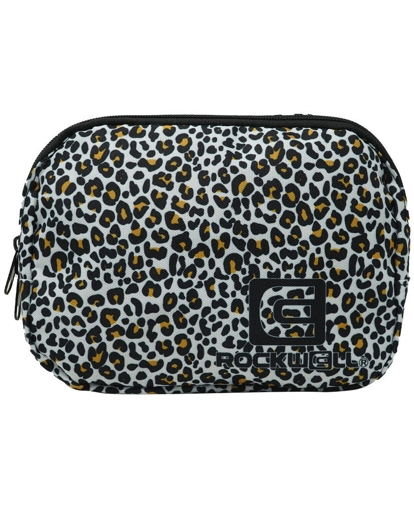 Mini fanny pack with cheetah print, front logo patch, zippered top and strap