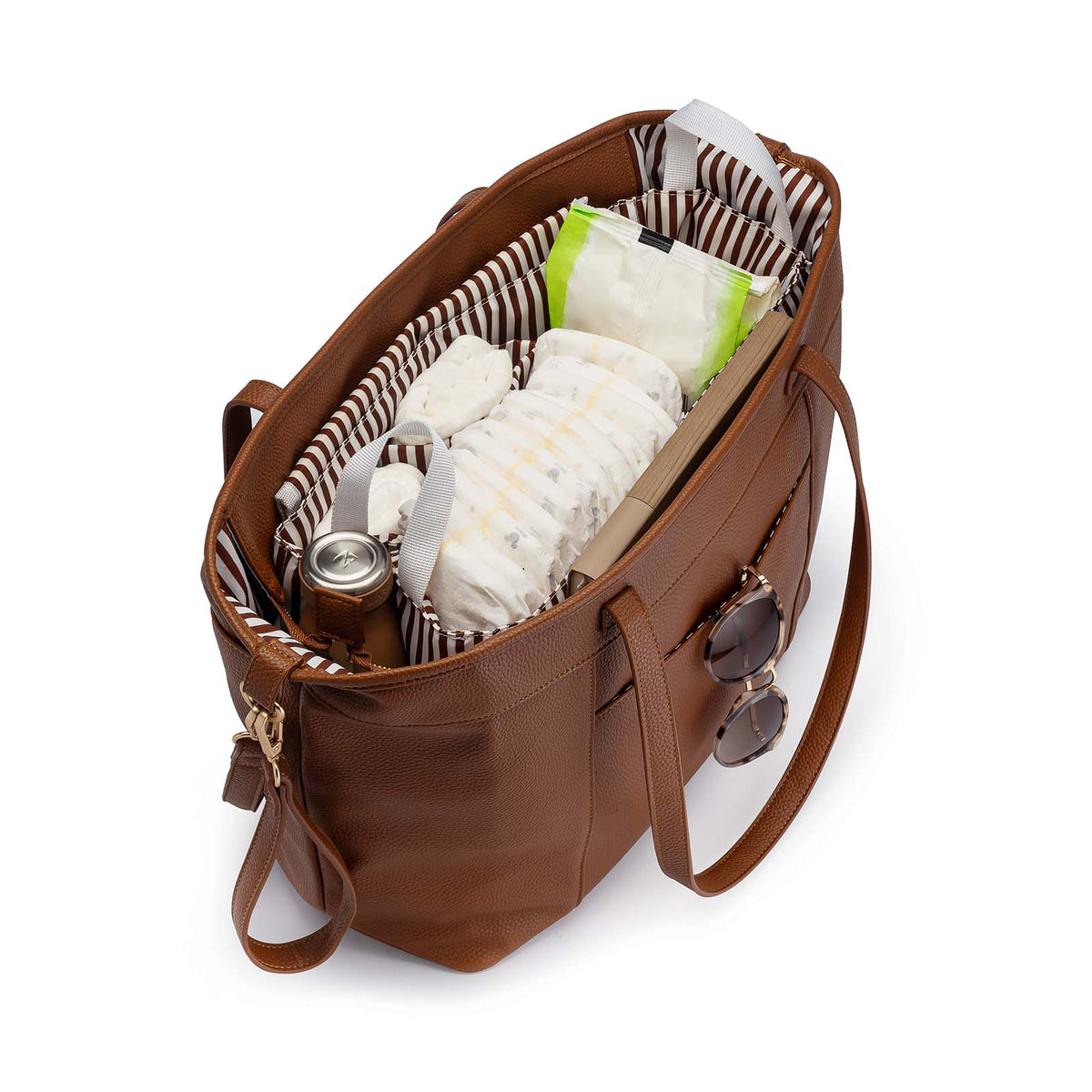 Chestnut tote bag open with striped inner organizer and baby essentials