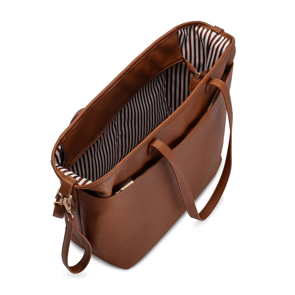 Chestnut brown tote bag with striped fabric lining and zip top closure