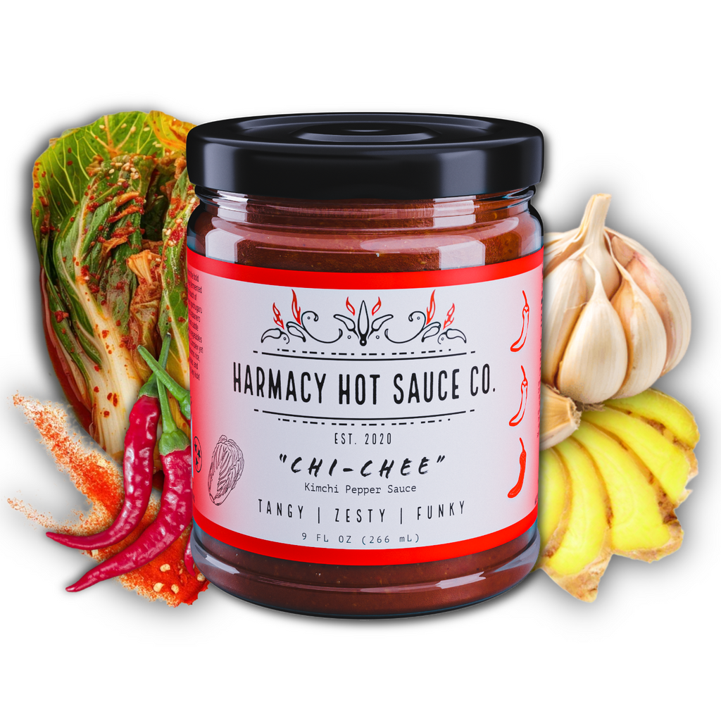 Fermented kimchi pepper sauce jar with black lid and red-white label