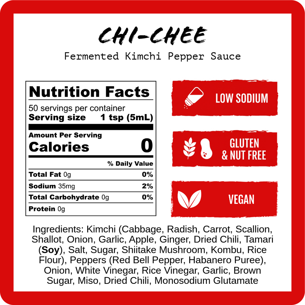 Fermented kimchi pepper sauce nutrition label: low sodium, gluten-free, vegan