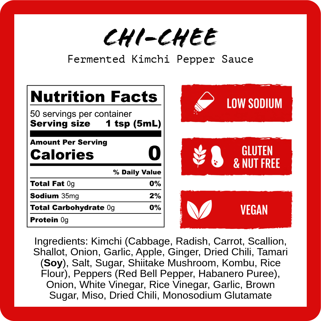 Fermented kimchi pepper sauce nutrition label: low sodium, gluten-free, vegan