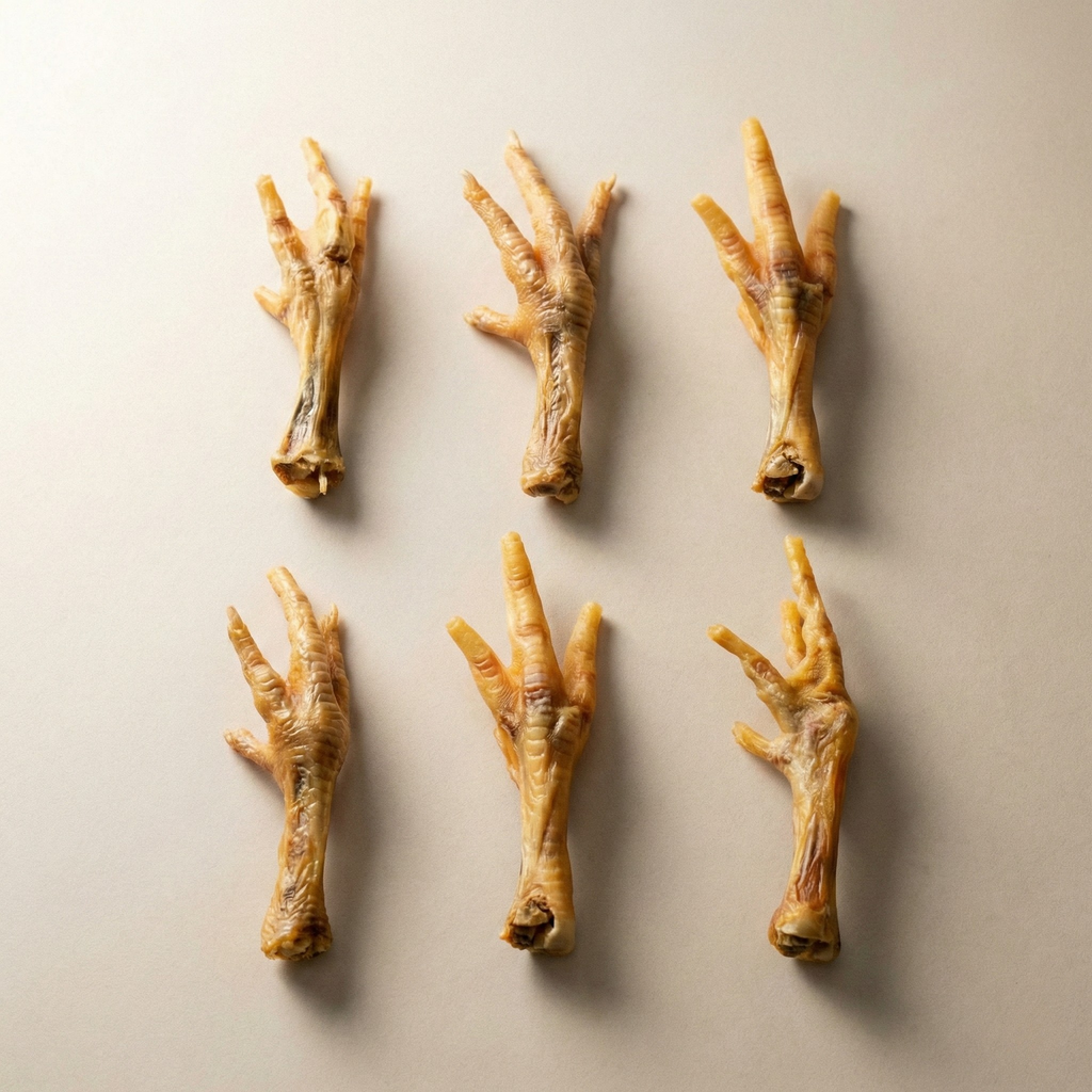 Six raw chicken feet treats arranged on light surface