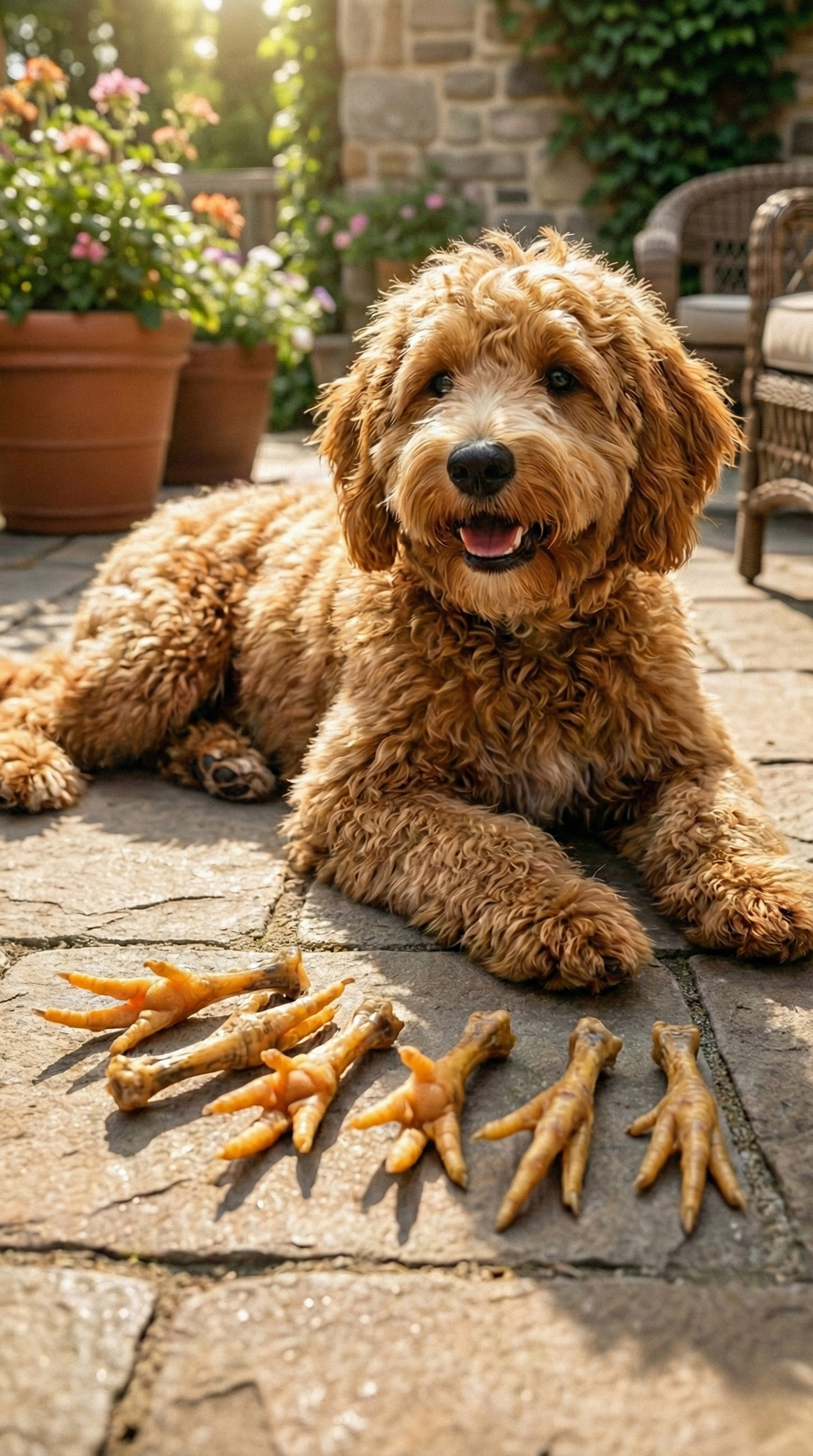 Raw chicken feet treats on stone patio, pieces scattered in front