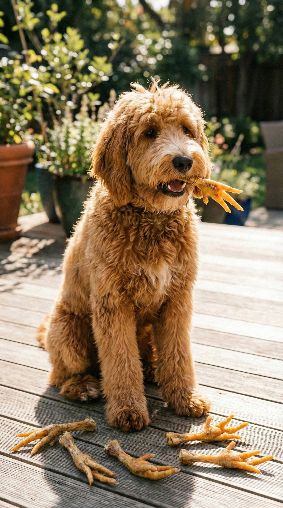 Raw chicken feet treats lying on deck boards