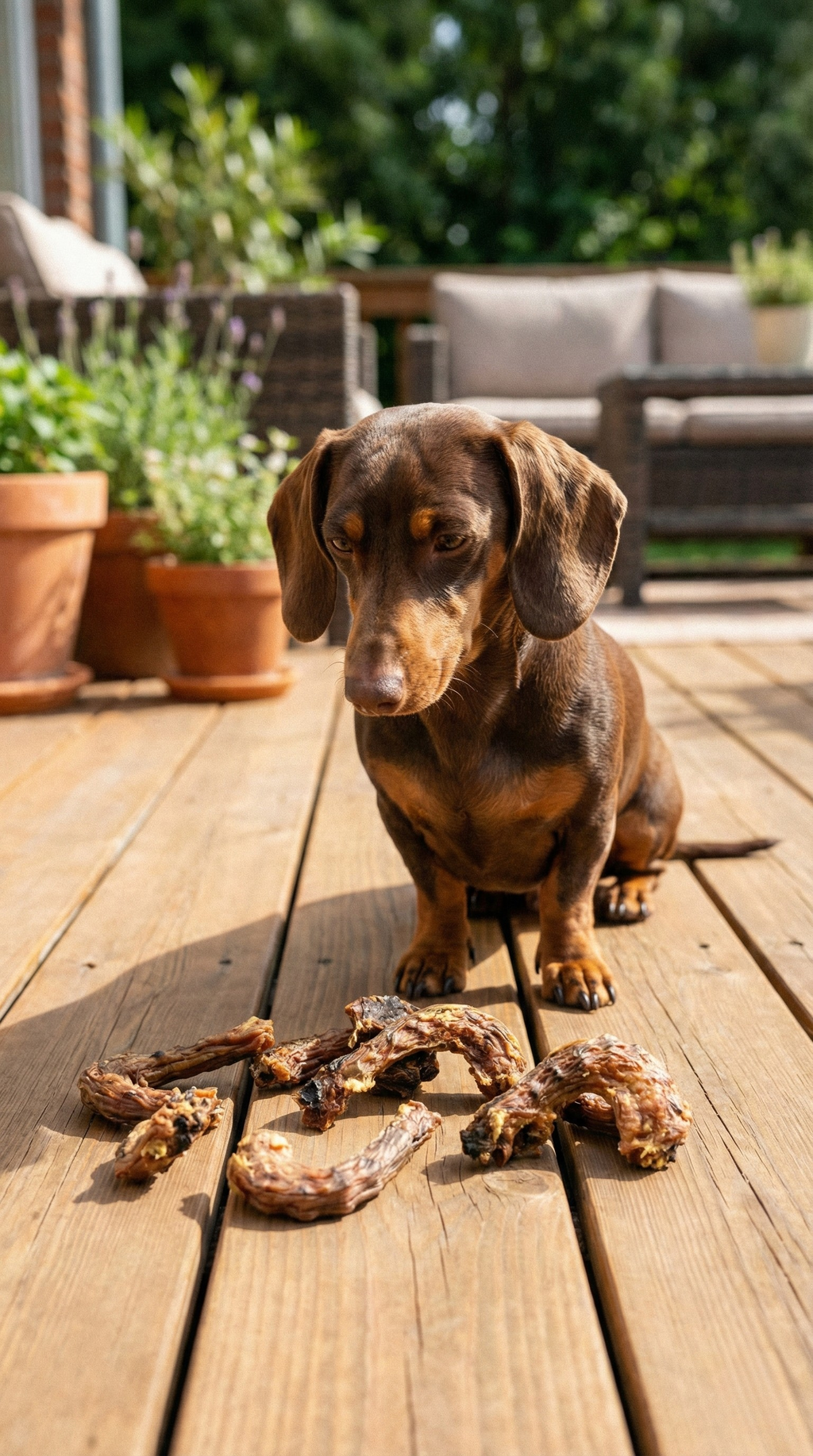 Dog watching on patio with dried chicken neck treats scattered on boards