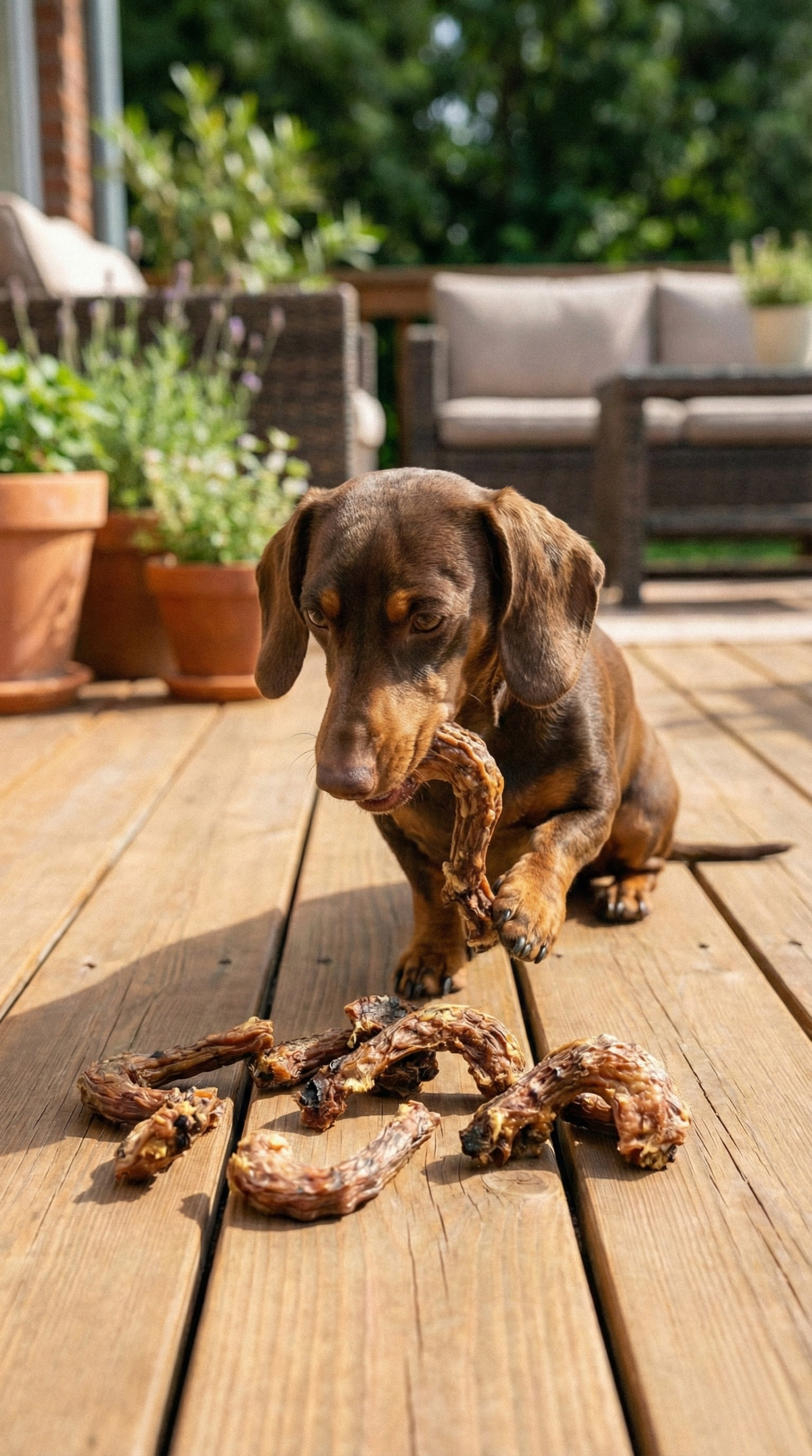 Dog on wooden patio with several dried chicken neck treats on boards
