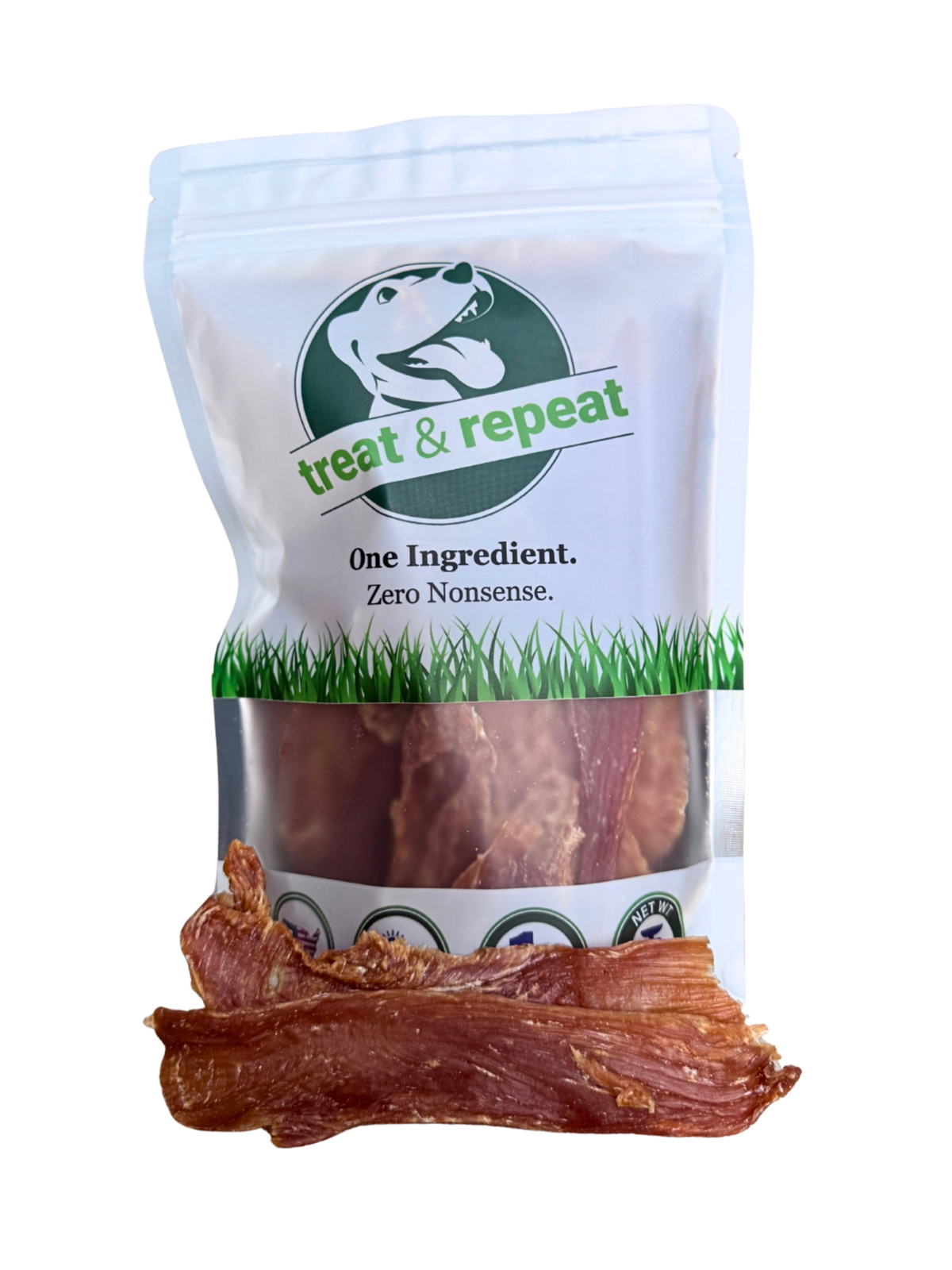 Chicken breast jerky pouch with dried meat strips, sealed bag and logo