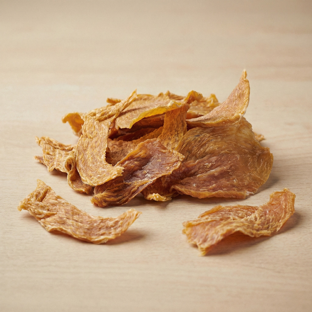 Dried chicken breast strips scattered on a surface