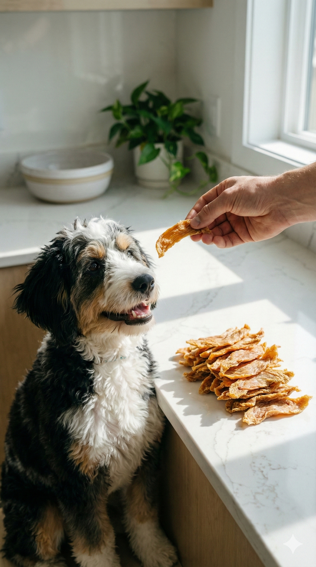 Dried chicken strips being offered to a dog beside a small pile