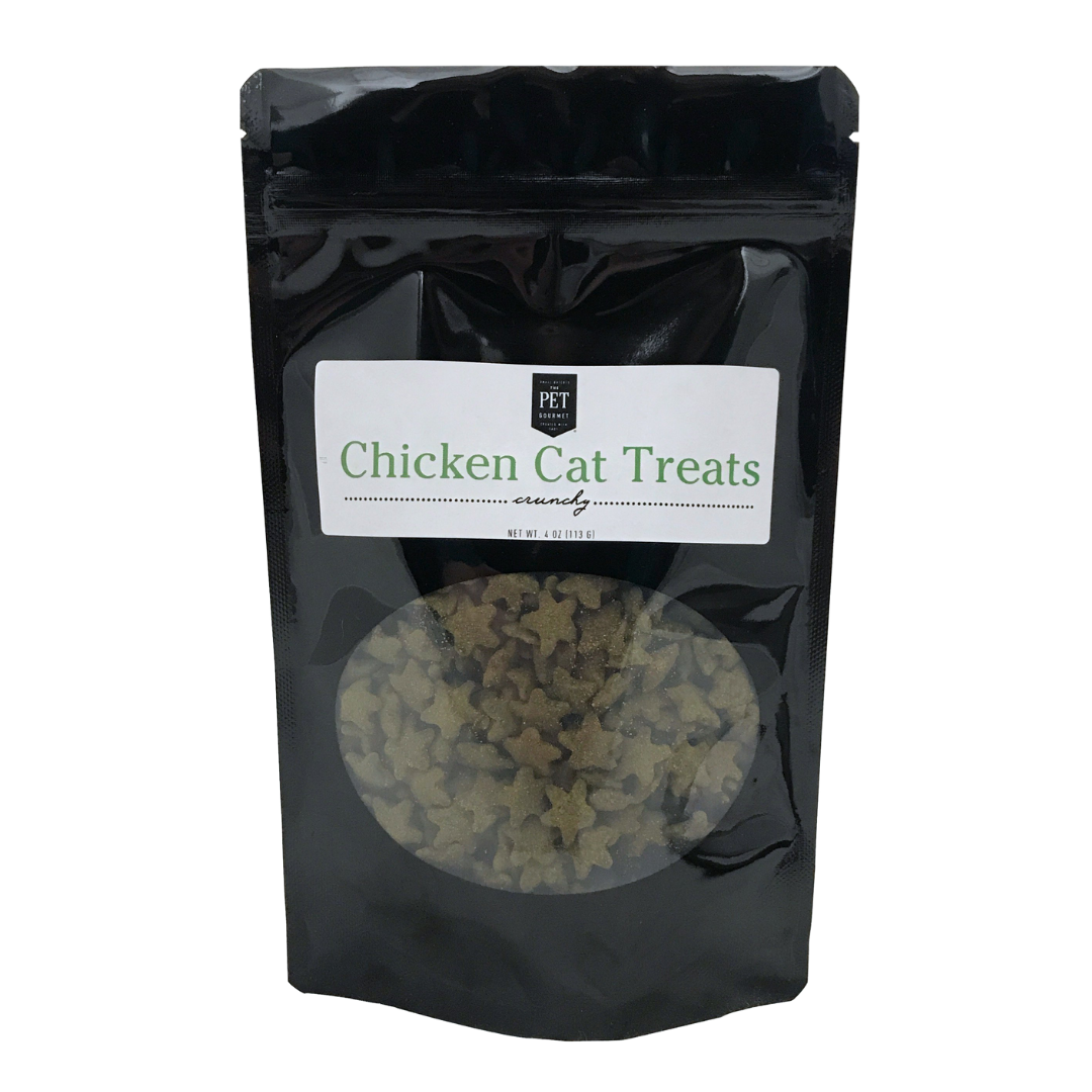 Black bag of chicken cat treats with star-shaped pieces