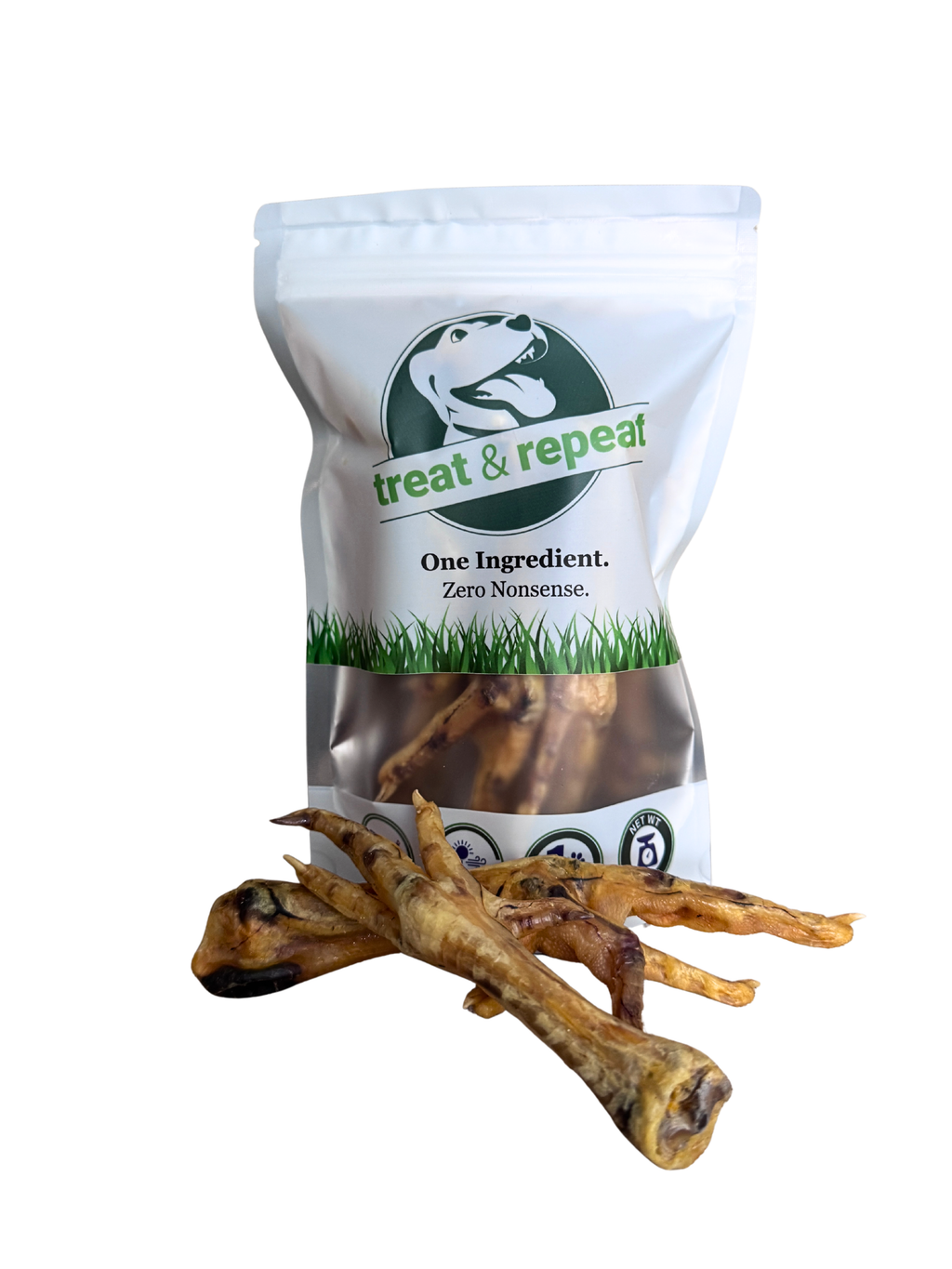 Chicken feet treats bag with raw chicken feet pieces