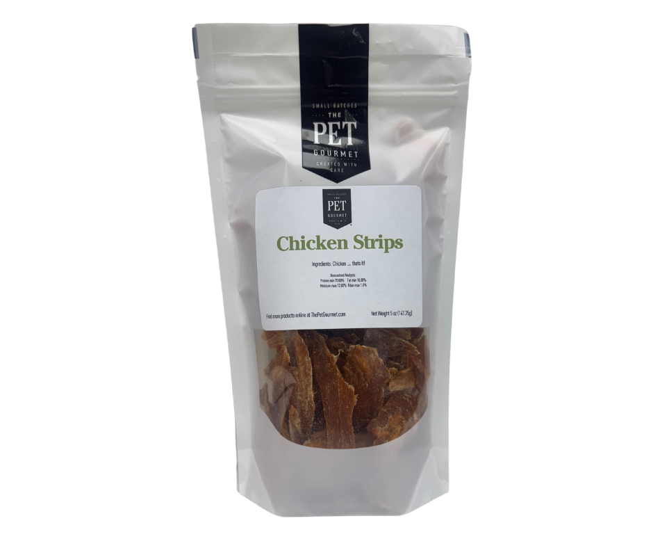 Chicken jerky strips for dogs in resealable pouch, labeled Chicken Strips.