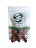 Chicken neck dog treats in white resealable pouch with dried pieces