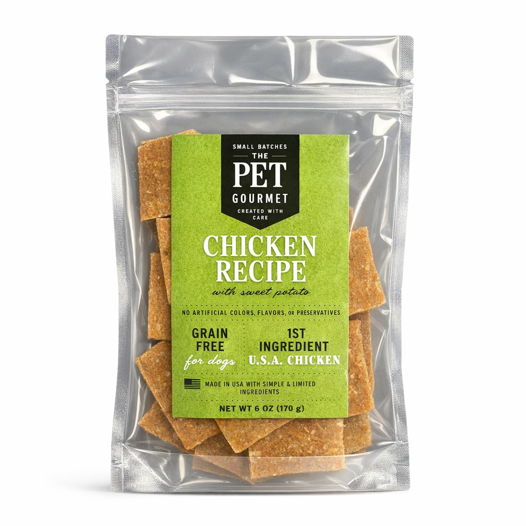 Chicken and sweet potato jerky treats in sealed pouch, grain-free recipe