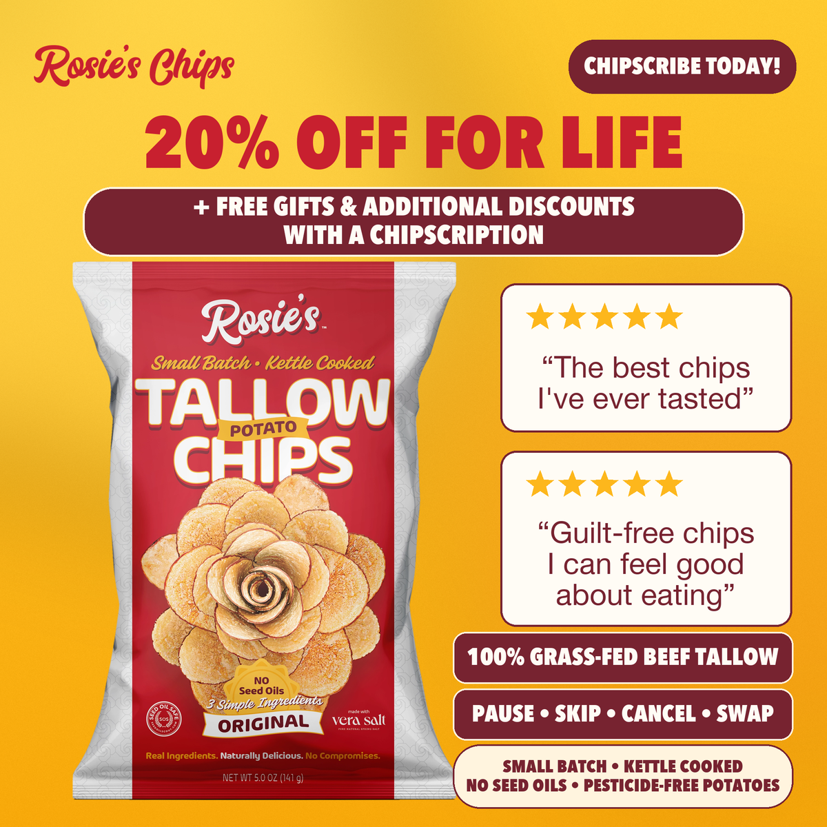 Tallow potato chips bag with promo banner and customer review star ratings