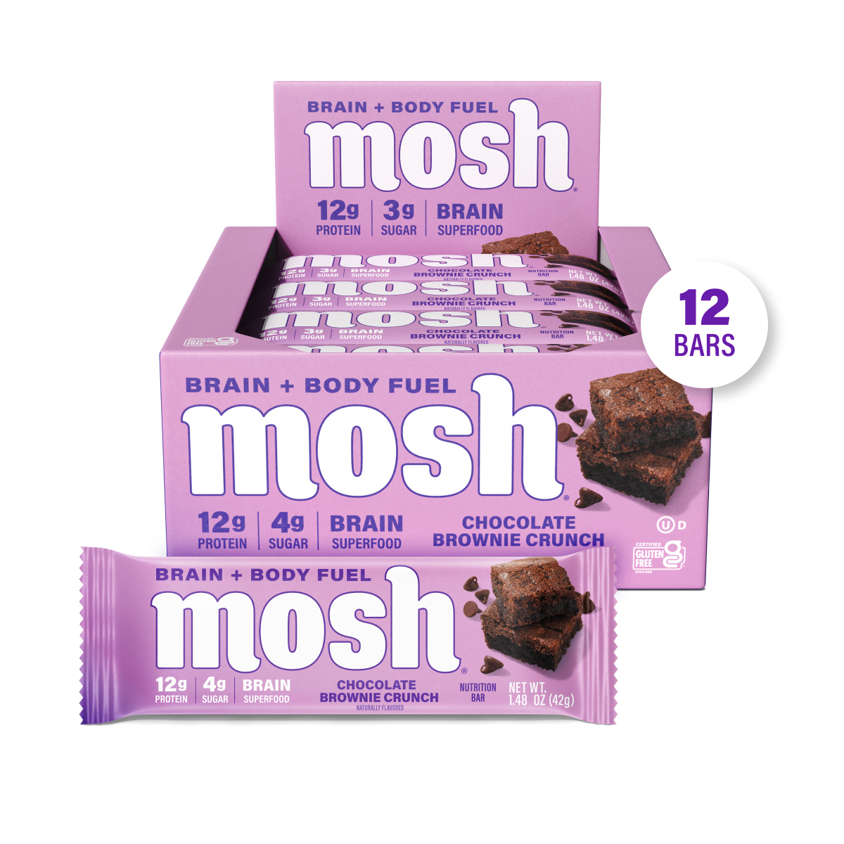 Chocolate brownie crunch protein bar multipack with purple wrappers and visible brownie bites